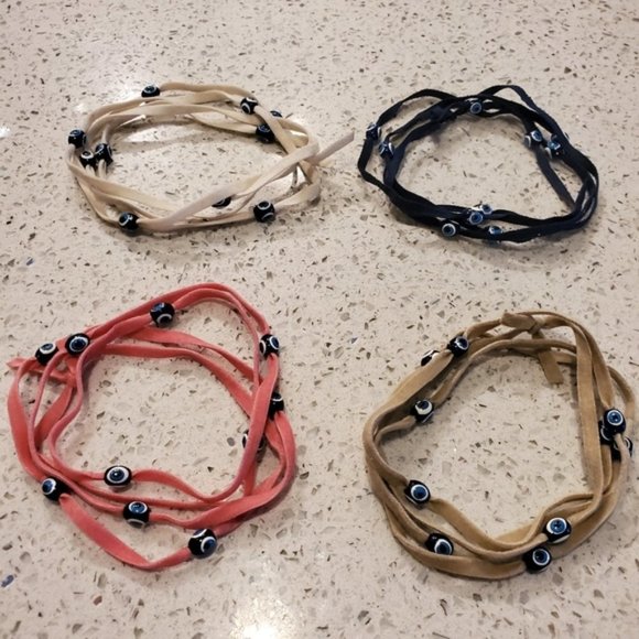 Set 4 Boho Velvet Long Necklace Wrap Bracelets Evil Eye Tan White Pink Navy Blue - Picture 2 of 11